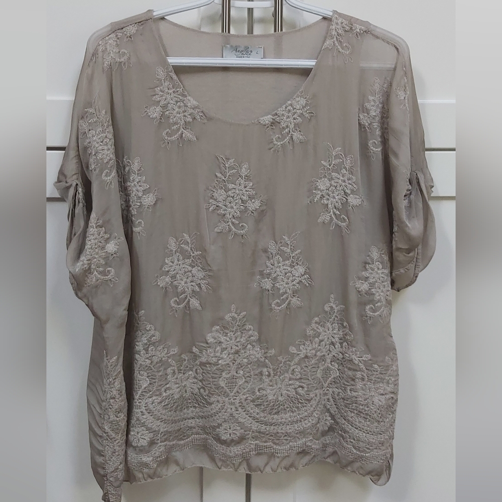 Angela Moda Silk Beige Lace Top